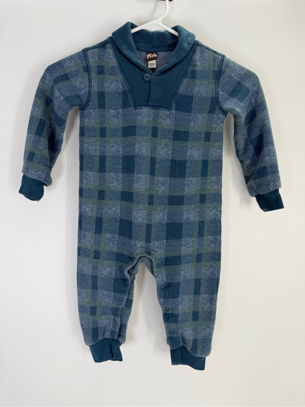 Tea Collection Kids Blue Green One Piece Long Sleeve Plaid Jumpsuit Size 18-24 M